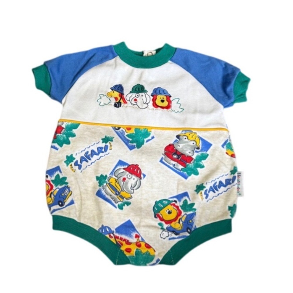 Vintage Healthtex Safari Animal Baby Romper Blue White Green 0-5 Months USA Made